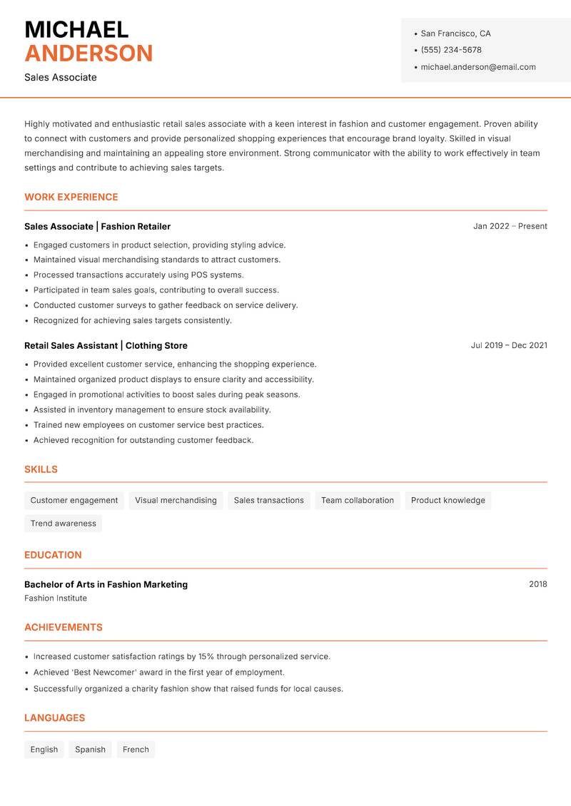Sales Associate Retail resume sample — Sales Associate focus