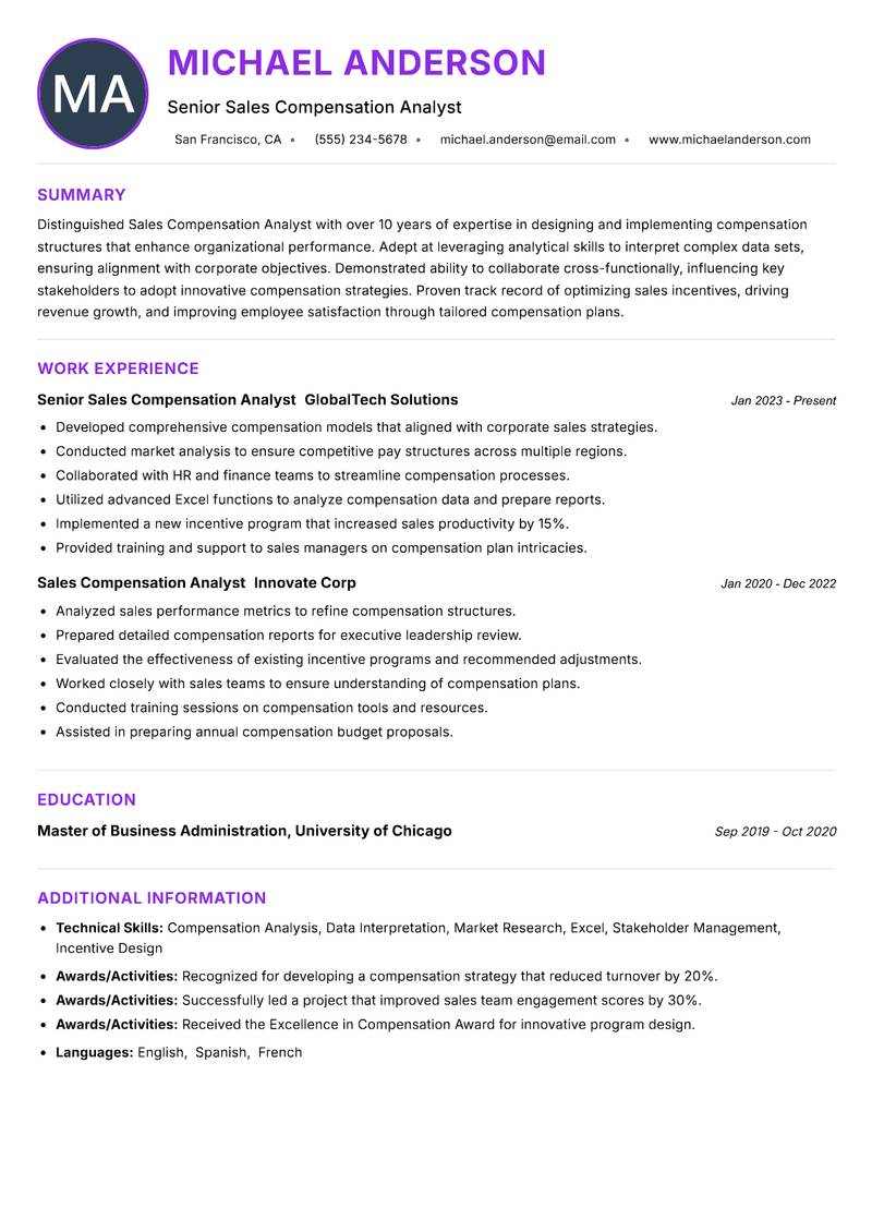 Sales Compensation Analyst resume example