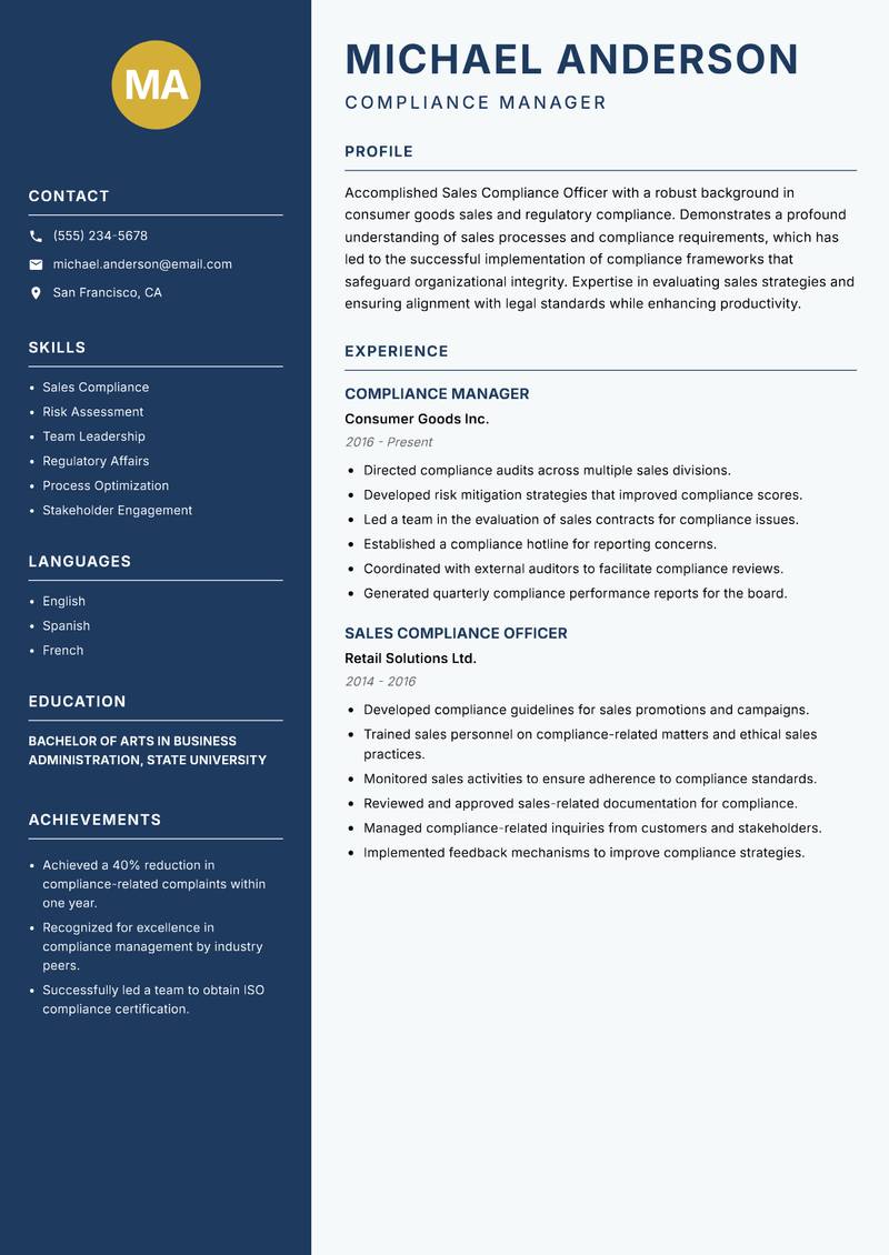Sales Compliance Officer resume sample — Compliance Manager focus