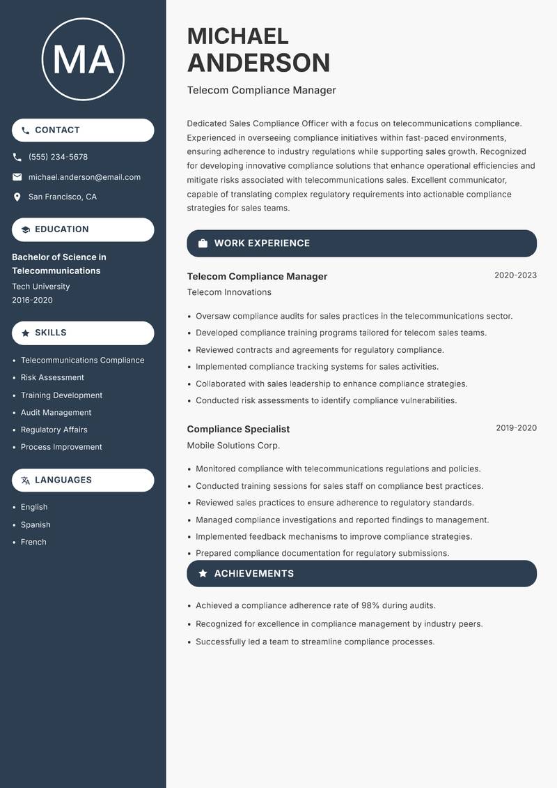 Sales Compliance Officer resume sample — Telecom Compliance Manager focus