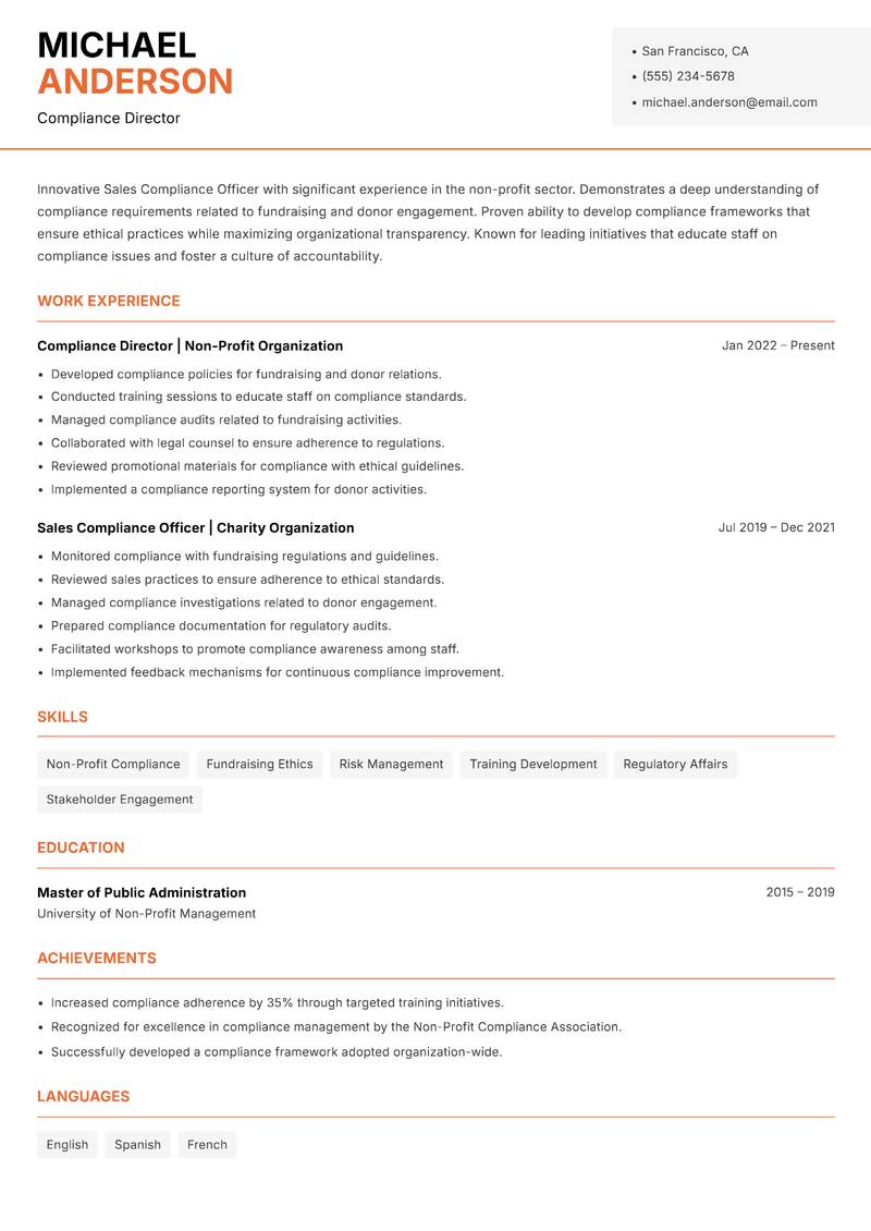 Sales Compliance Officer resume sample — Compliance Director focus