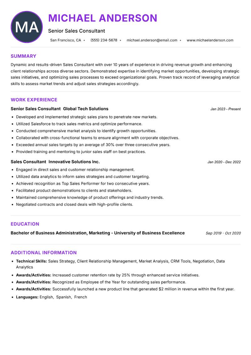 Sales Consultant resume example