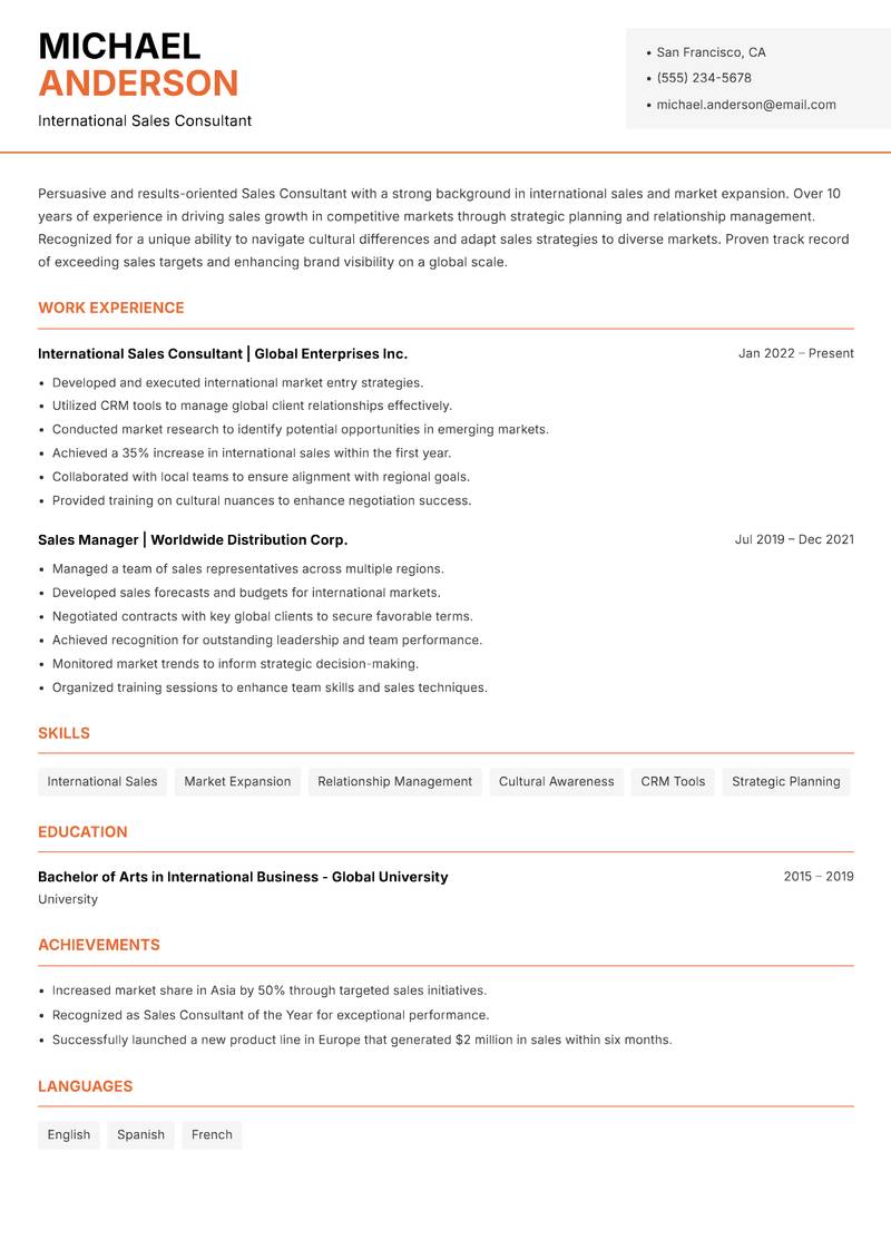 Sales Consultant resume sample — International Sales Consultant focus