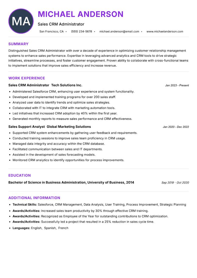 Sales CRM Administrator resume example
