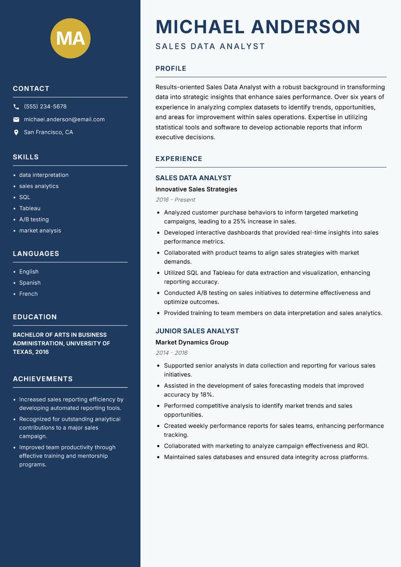 Sales Data Analyst resume sample — Sales Data Analyst focus