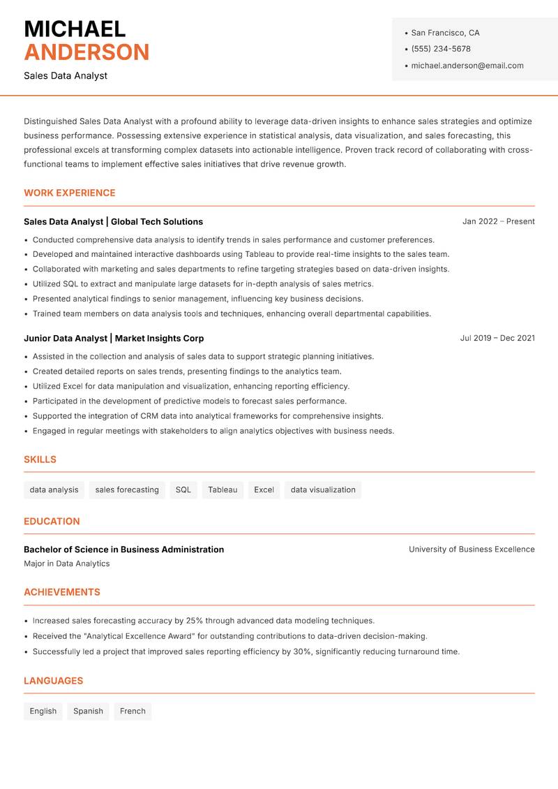 Sales Data Analyst resume sample — Sales Data Analyst focus