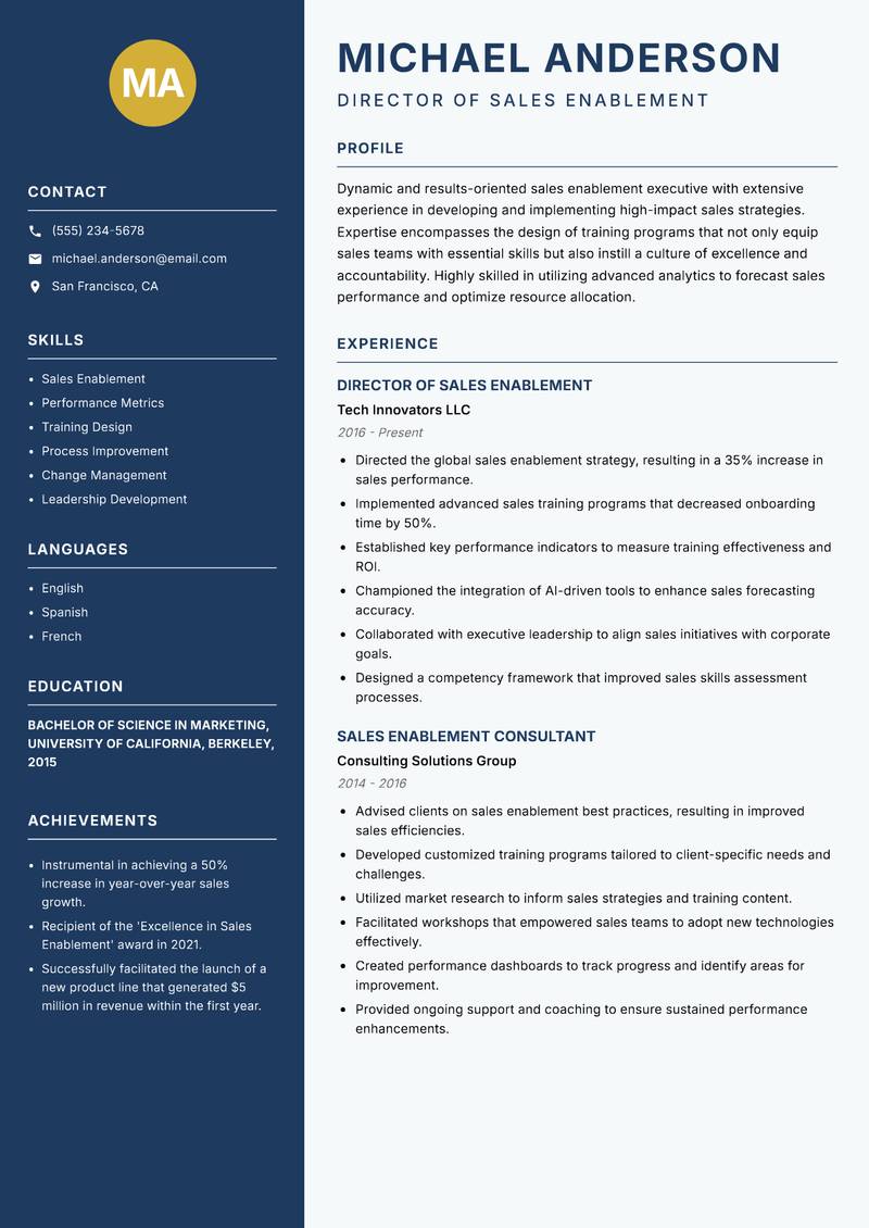 Sales Enablement Executive resume sample — Director of Sales Enablement focus