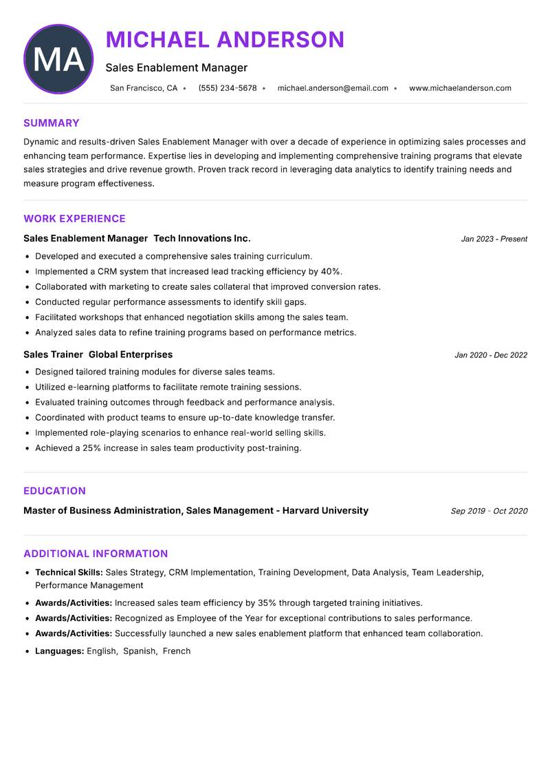Sales Enablement Manager resume example