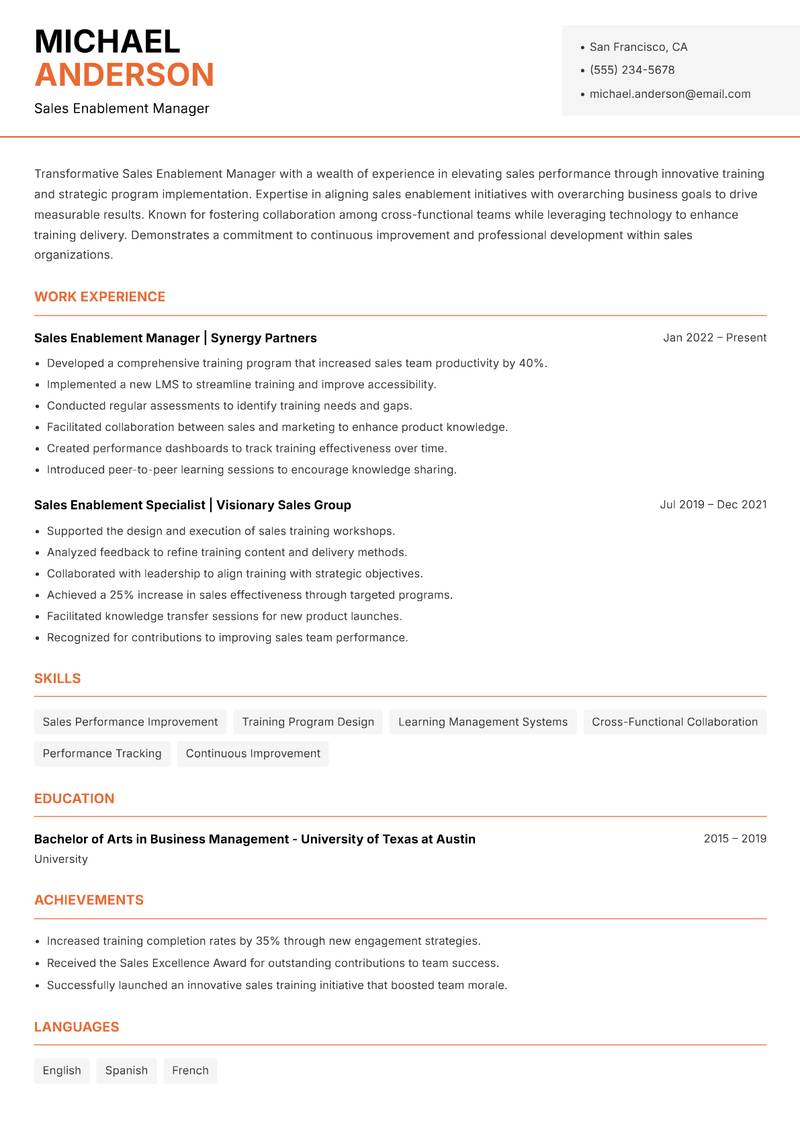 Sales Enablement Manager resume sample — Sales Enablement Manager focus