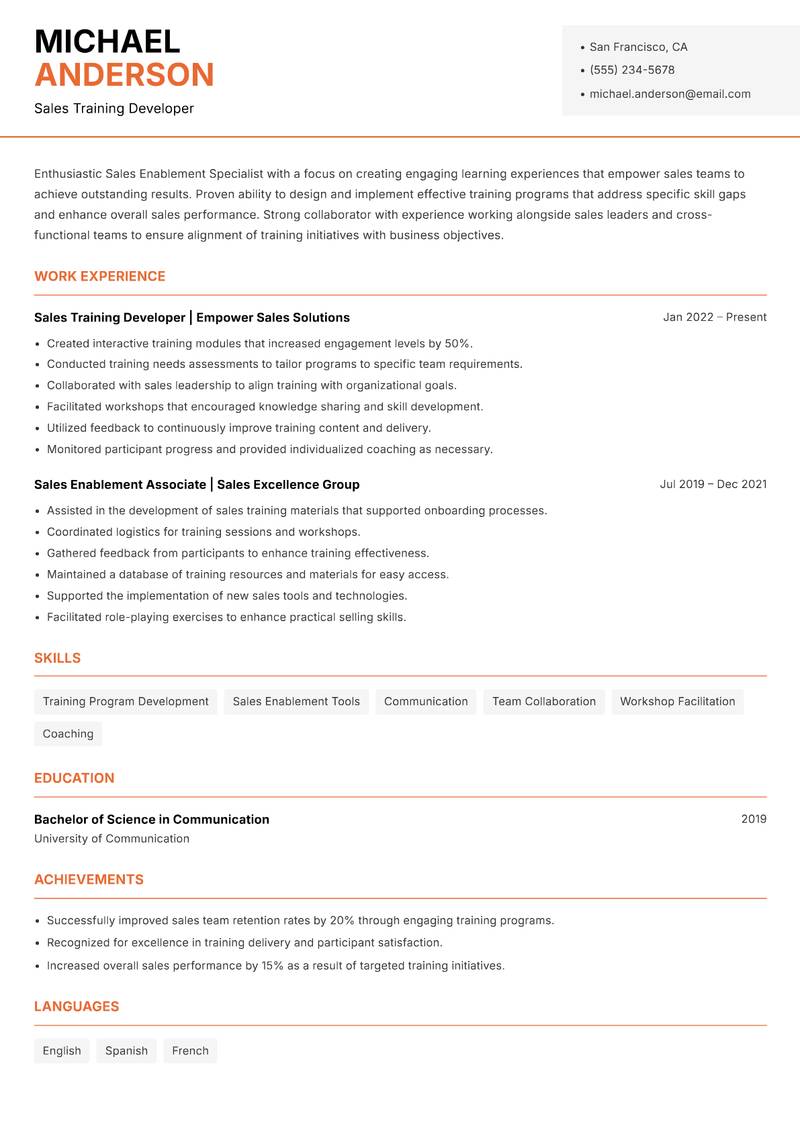 Sales Enablement Specialist resume sample — Sales Training Developer focus