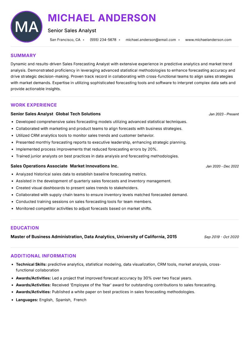 Sales Forecasting Analyst resume example
