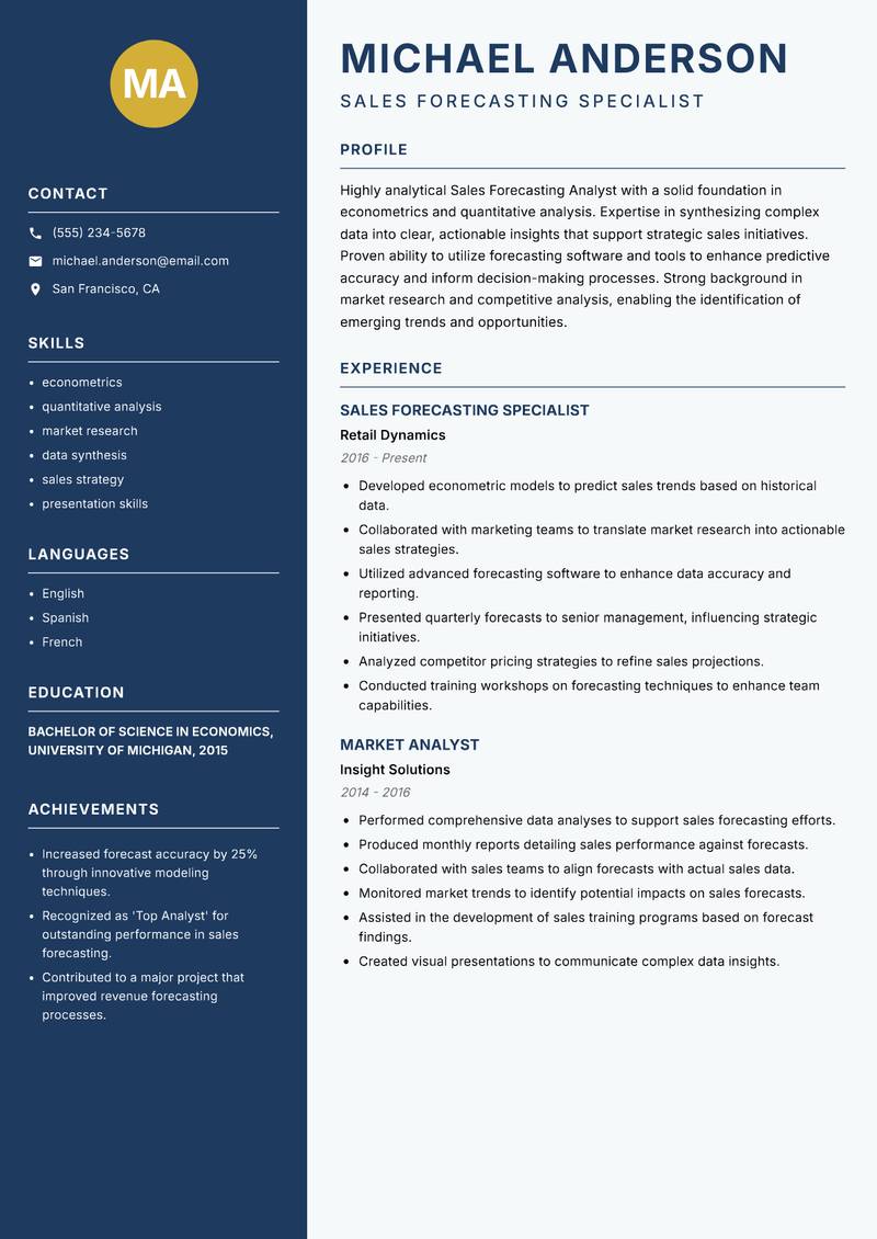 Sales Forecasting Analyst resume sample — Sales Forecasting Specialist focus