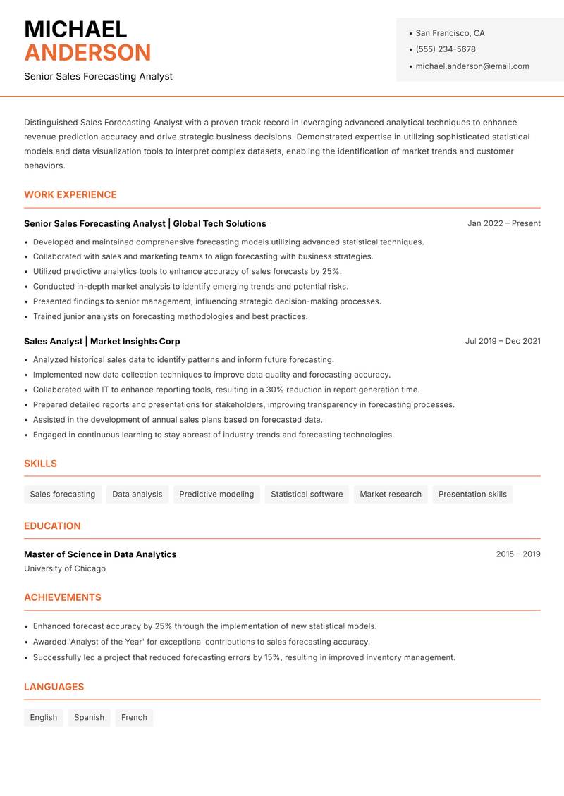 Sales Forecasting Analyst resume sample — Senior Sales Forecasting Analyst focus