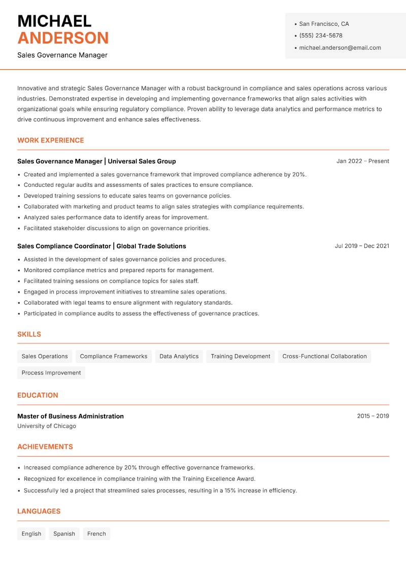 Sales Governance Manager resume sample — Sales Governance Manager focus