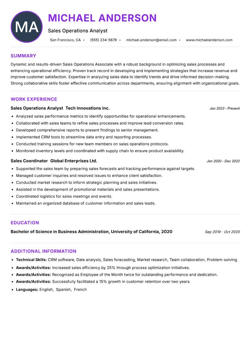Sales Operations Associate resume example