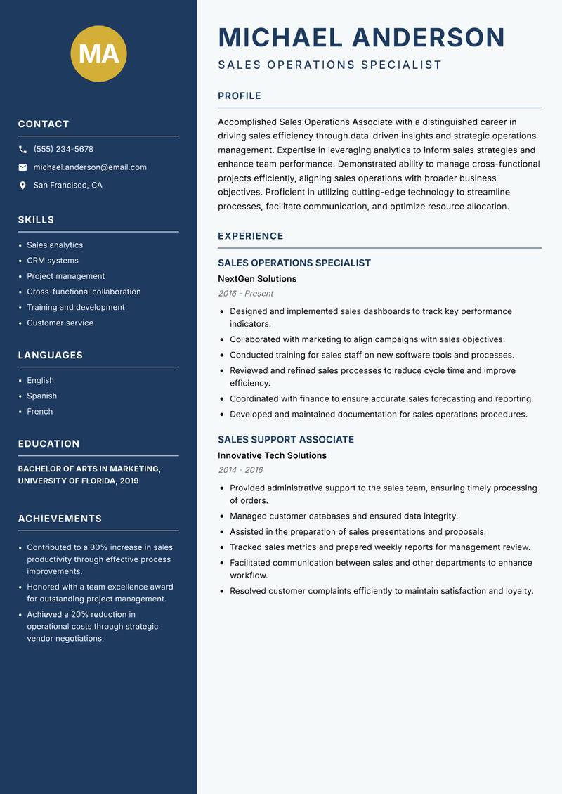 Sales Operations Associate resume sample — Sales Operations Specialist focus