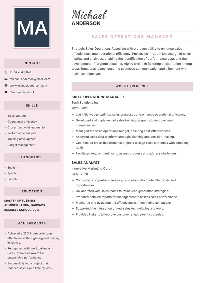 Sales Operations Associate resume sample — Sales Operations Manager focus