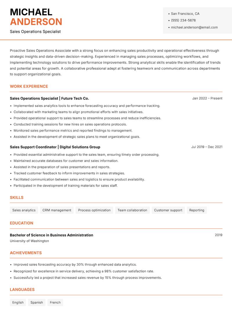 Sales Operations Associate resume sample — Sales Operations Specialist focus
