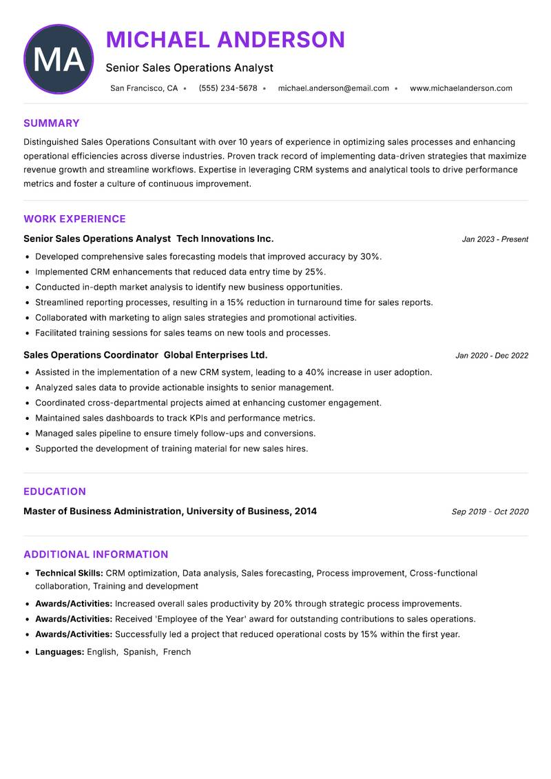 Sales Operations Consultant resume example