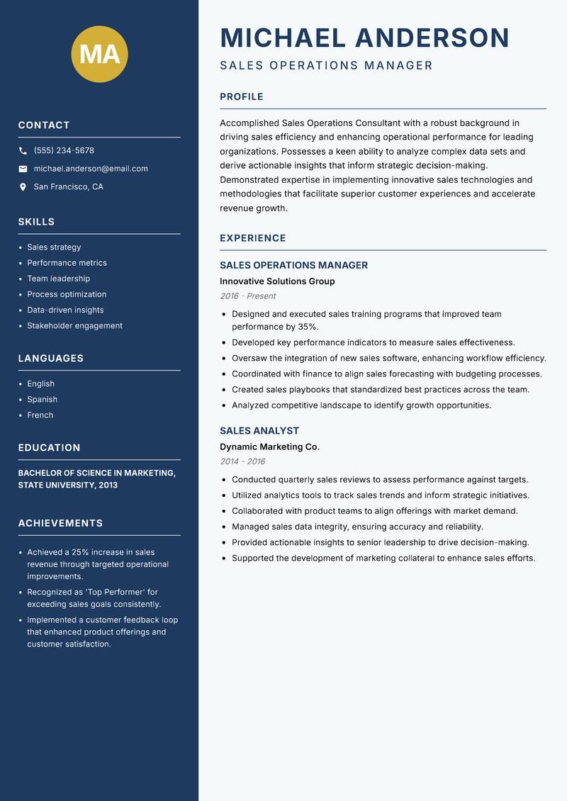 Sales Operations Consultant resume sample — Sales Operations Manager focus