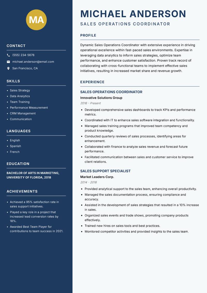 Sales Operations Coordinator resume sample — Sales Operations Coordinator focus