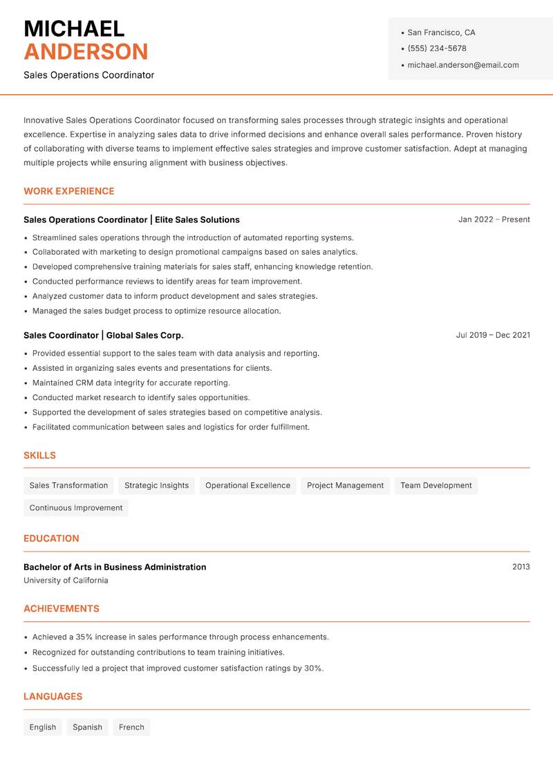 Sales Operations Coordinator resume sample — Sales Operations Coordinator focus