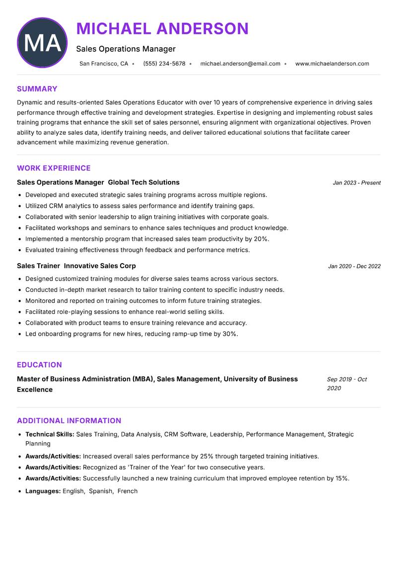 Sales Operations Educator resume example