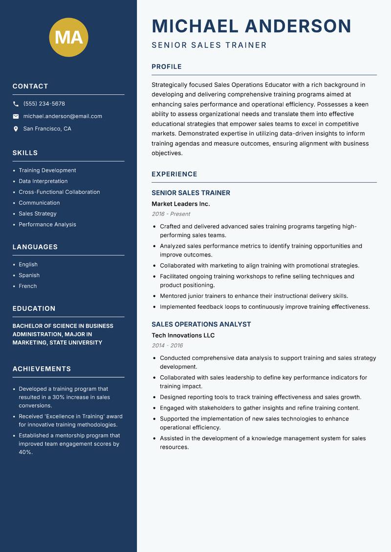 Sales Operations Educator resume sample — Senior Sales Trainer focus