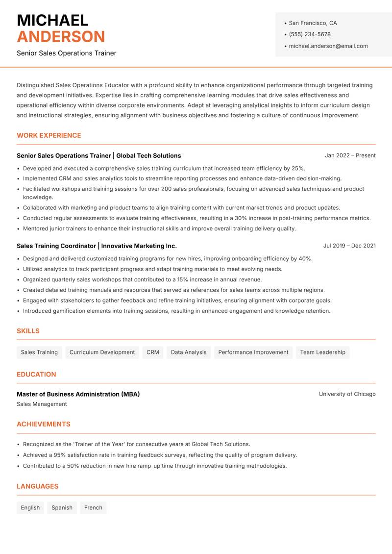 Sales Operations Educator resume sample — Senior Sales Operations Trainer focus