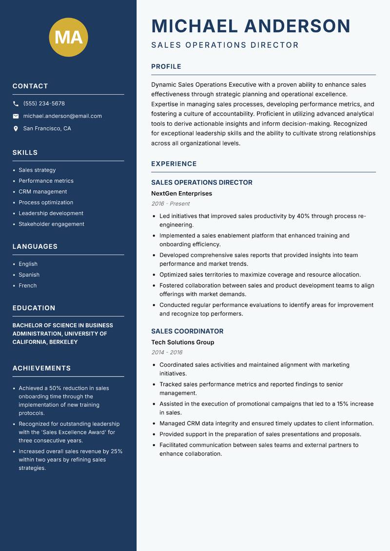 Sales Operations Executive resume sample — Sales Operations Director focus