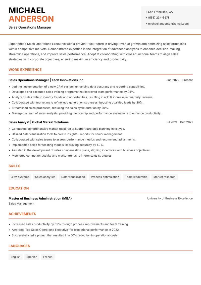 Sales Operations Executive resume sample — Sales Operations Manager focus