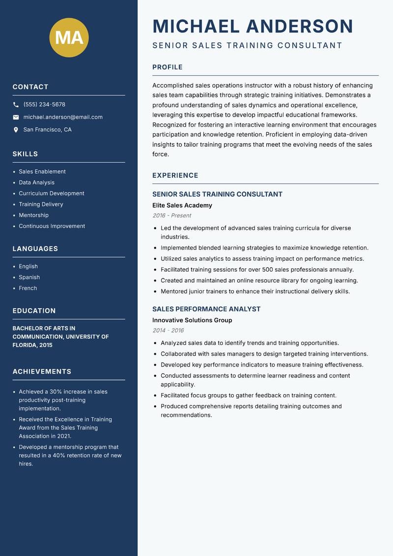 Sales Operations Instructor resume sample — Senior Sales Training Consultant focus