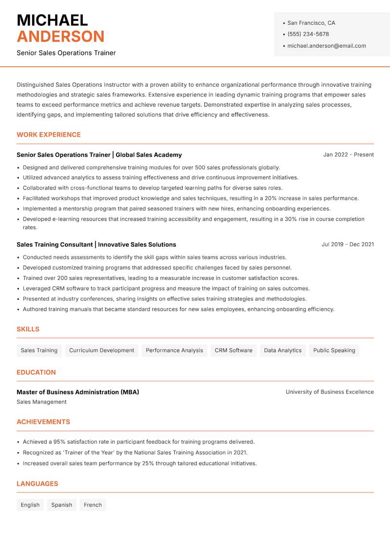 Sales Operations Instructor resume sample — Senior Sales Operations Trainer focus