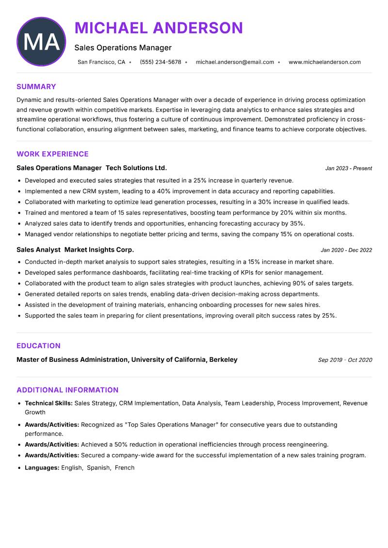 Sales Operations Manager resume example