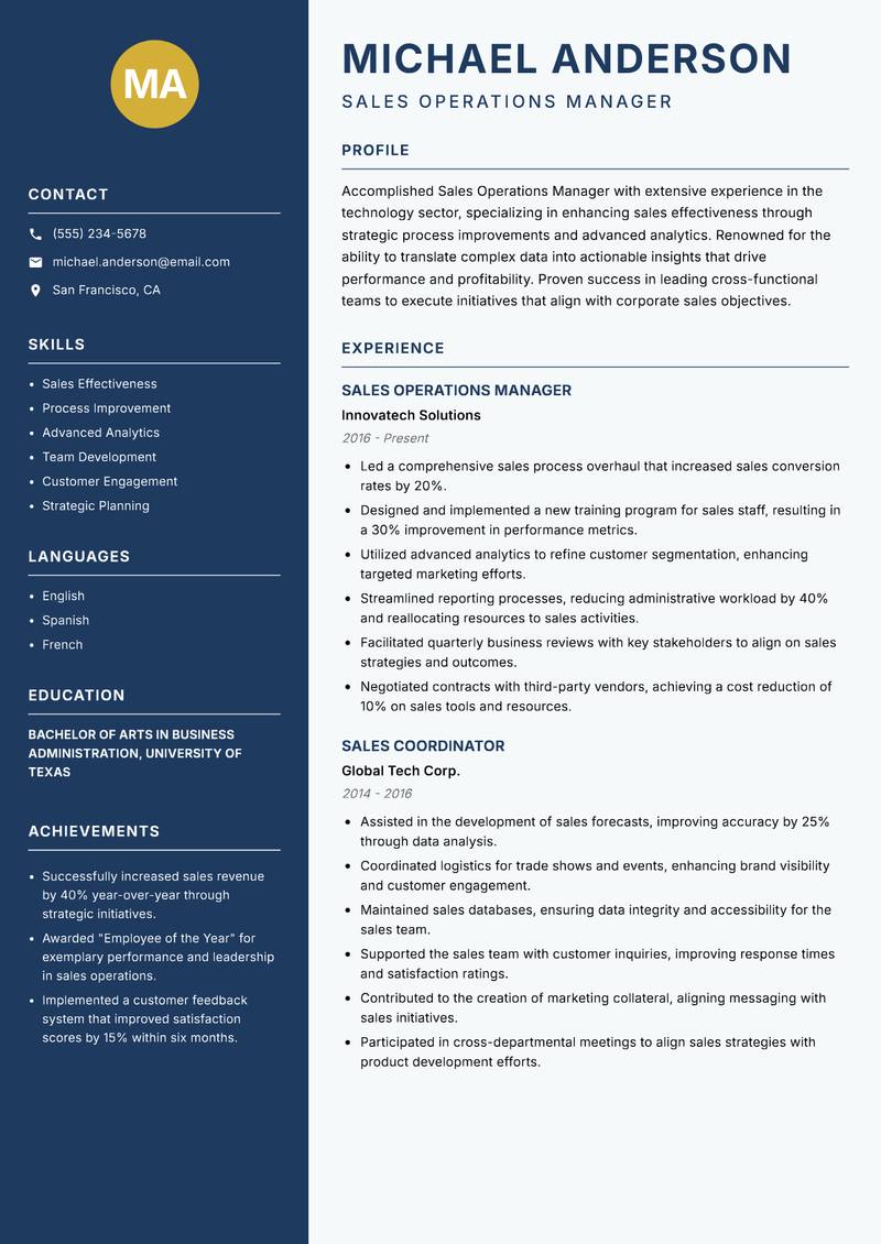 Sales Operations Manager resume sample — Sales Operations Manager focus