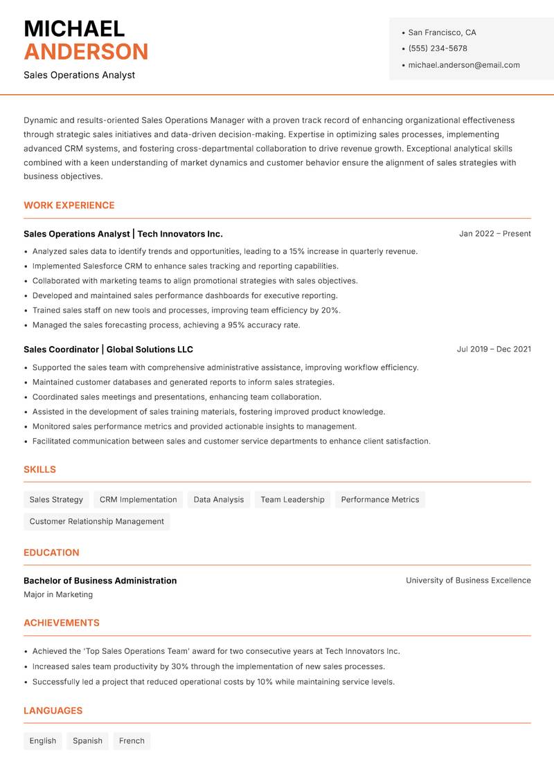 Sales Operations Manager resume sample — Sales Operations Analyst focus