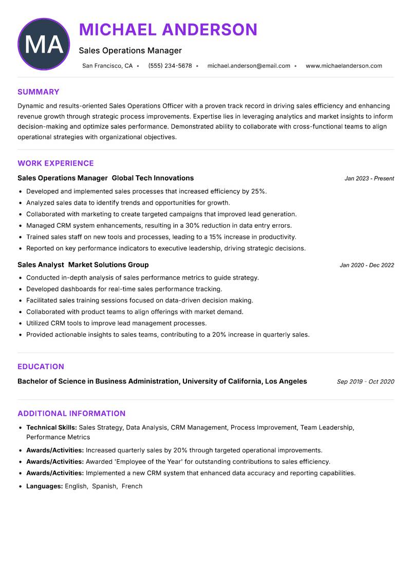 Sales Operations Officer resume example