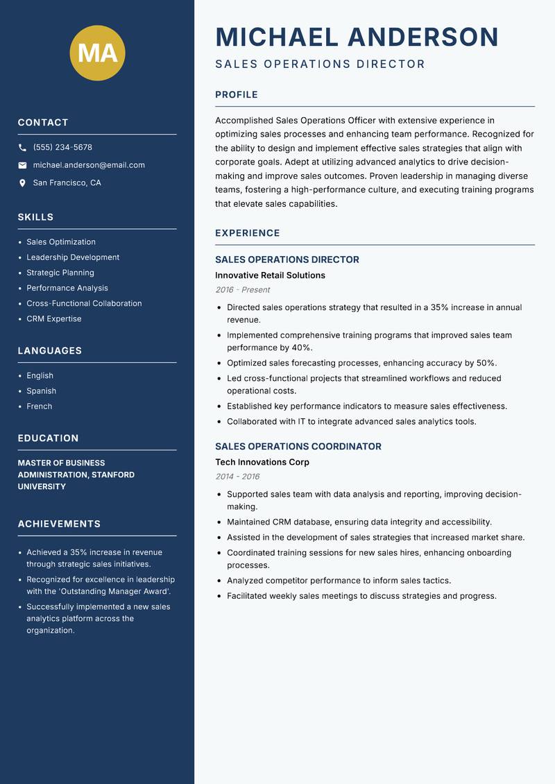 Sales Operations Officer resume sample — Sales Operations Director focus