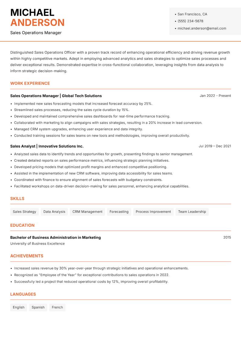 Sales Operations Officer resume sample — Sales Operations Manager focus