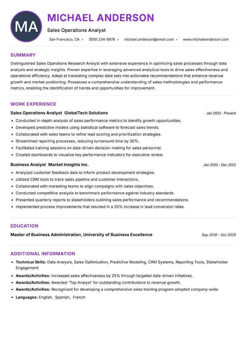 Sales Operations Research Analyst resume example