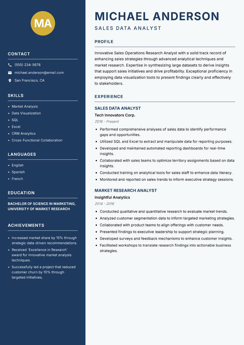 Sales Operations Research Analyst resume sample — Sales Data Analyst focus