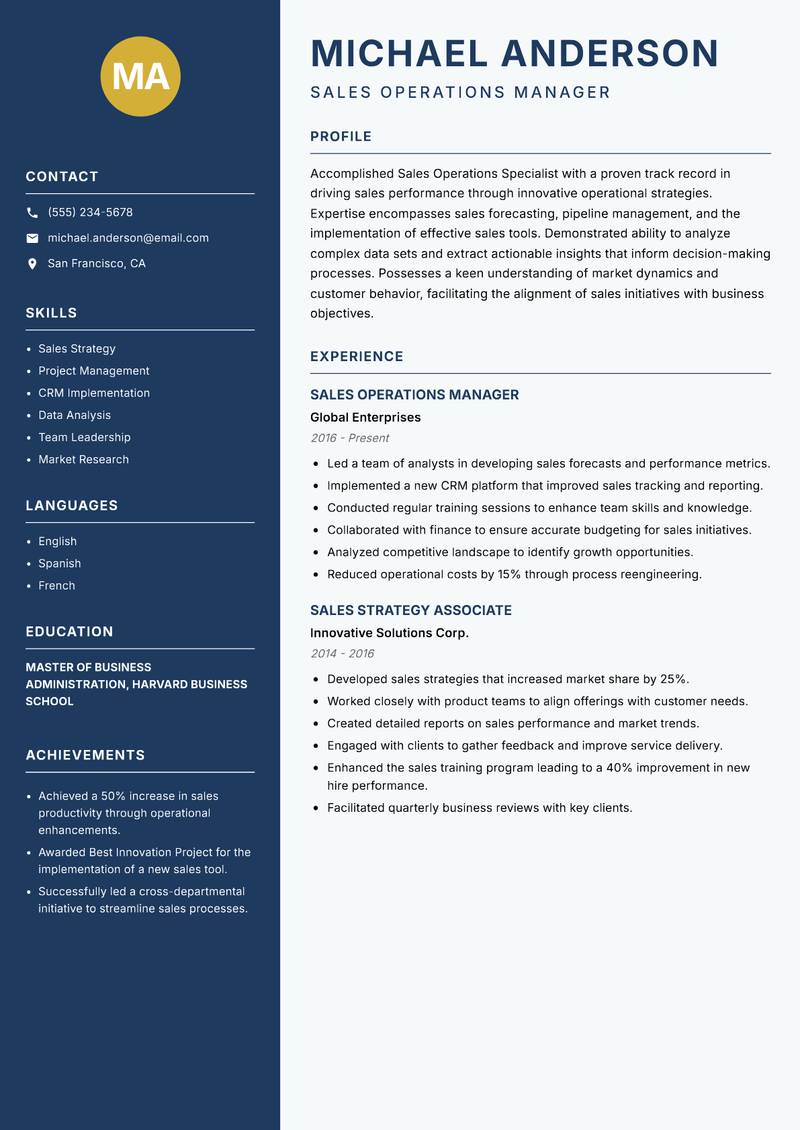 Sales Operations Specialist resume sample — Sales Operations Manager focus