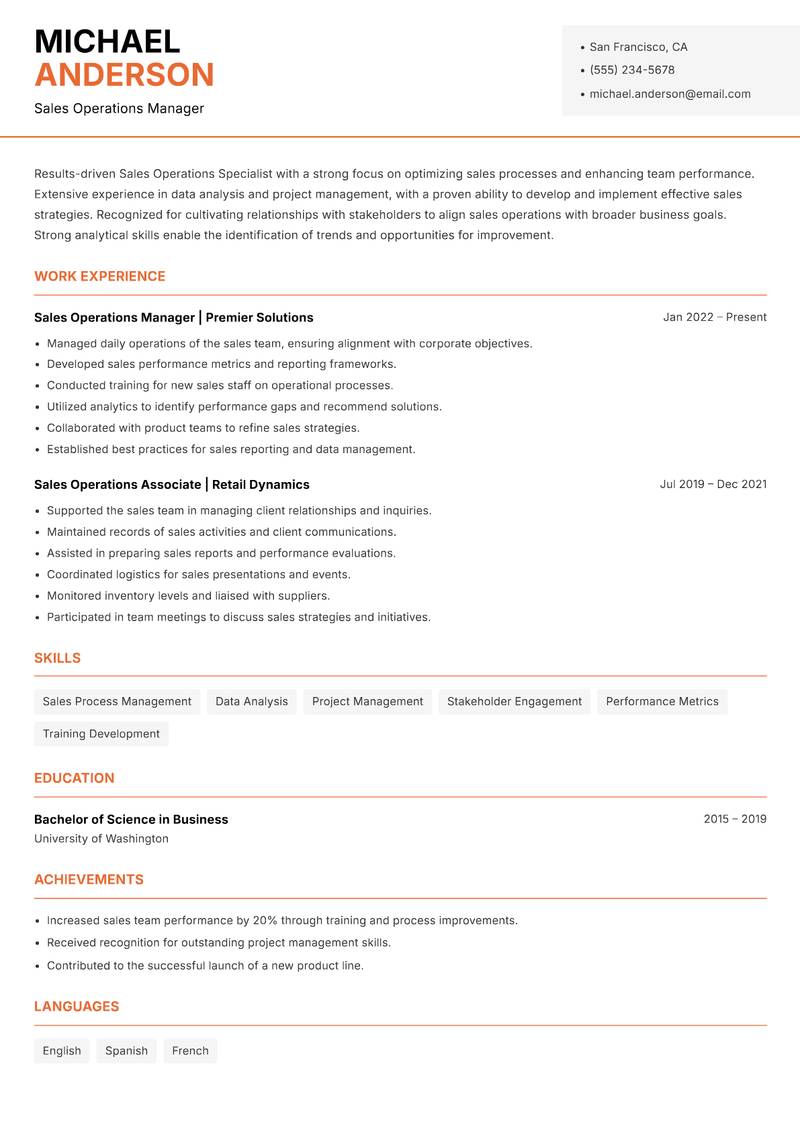 Sales Operations Specialist resume sample — Sales Operations Manager focus