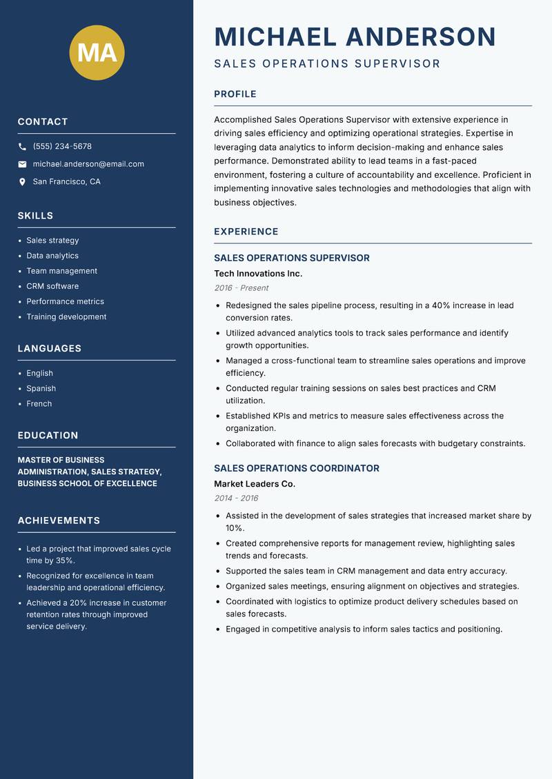 Sales Operations Supervisor resume sample — Sales Operations Supervisor focus