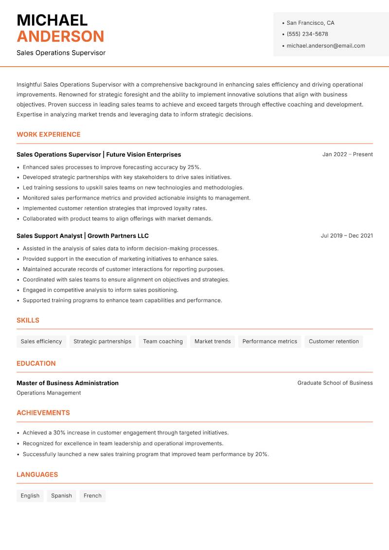 Sales Operations Supervisor resume sample — Sales Operations Supervisor focus