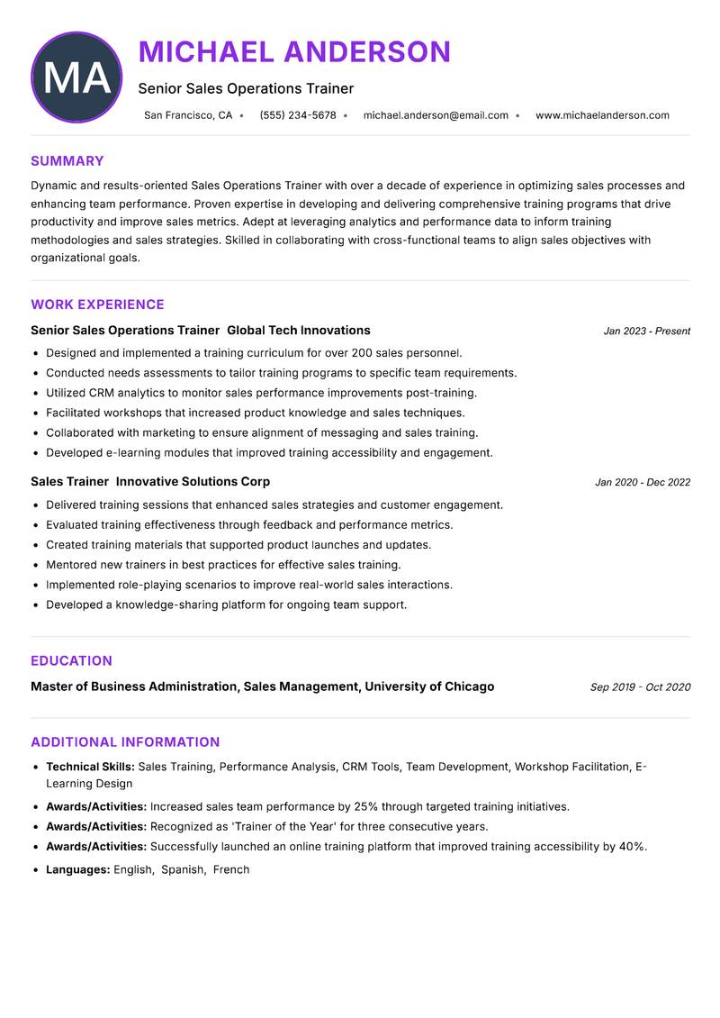 Sales Operations Trainer resume example