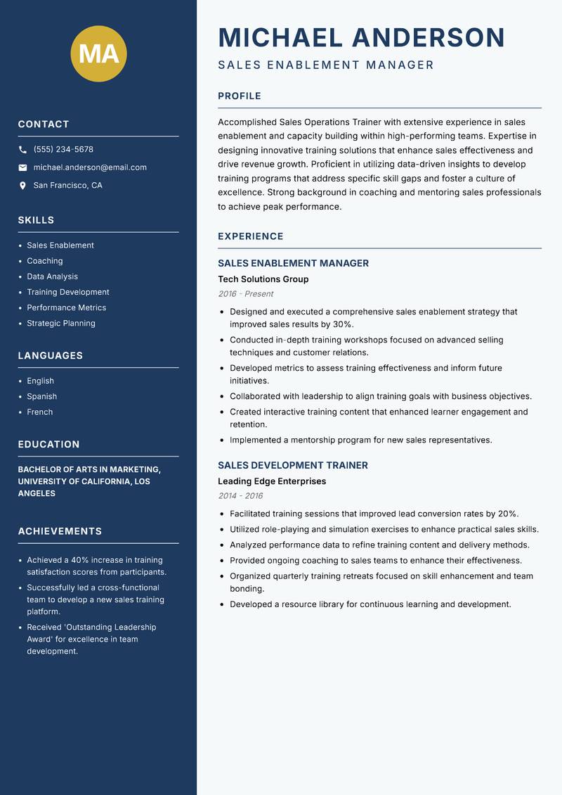 Sales Operations Trainer resume sample — Sales Enablement Manager focus