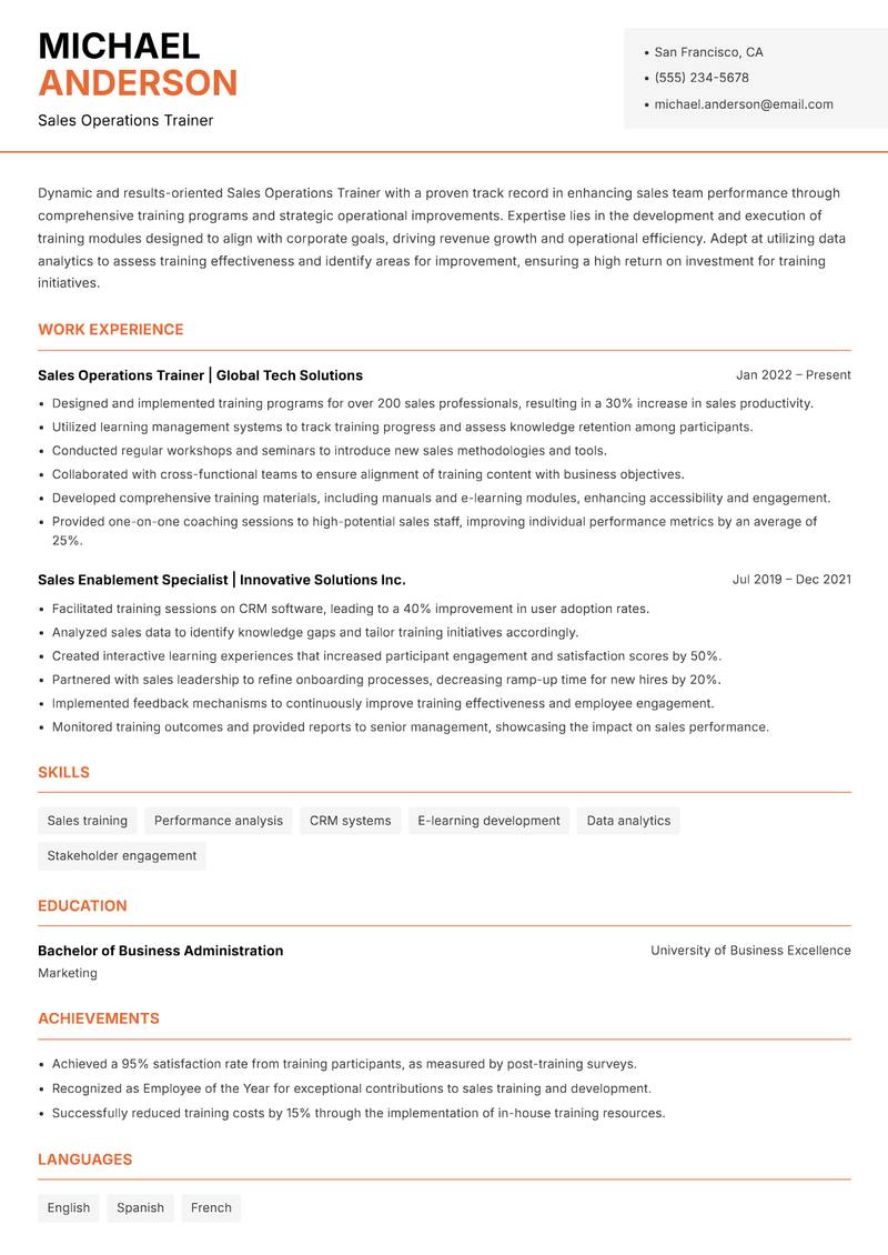 Sales Operations Trainer resume sample — Sales Operations Trainer focus