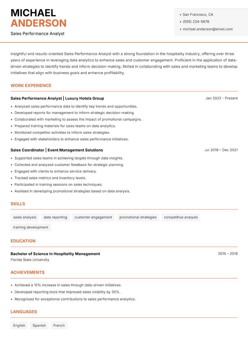 Sales Performance Analyst resume sample — Sales Performance Analyst focus