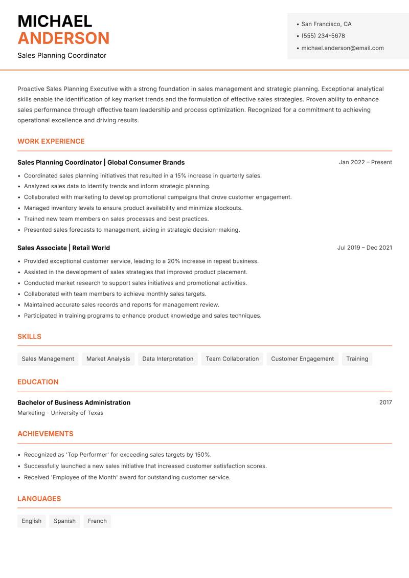 Sales Planning Executive resume sample — Sales Planning Coordinator focus